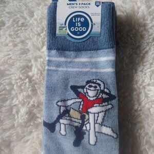 Life Is Good Beach Chair Three Pack Cushion Crew Socks Size 6 - 12.5 Mens